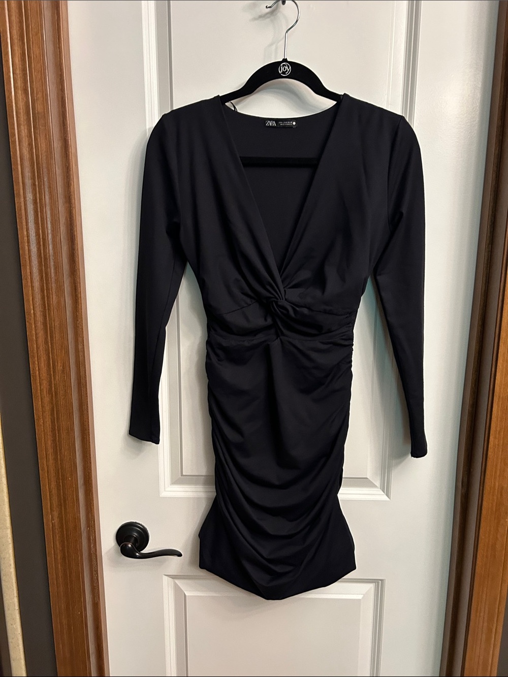 Zara Black Long-Sleeve Twist Front Ruched Mini Dress